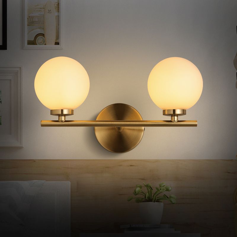2 Bulbs Bedside Wall Lamp Modern Gold Sconce Light Fixture with Ball Milky Glass Shade