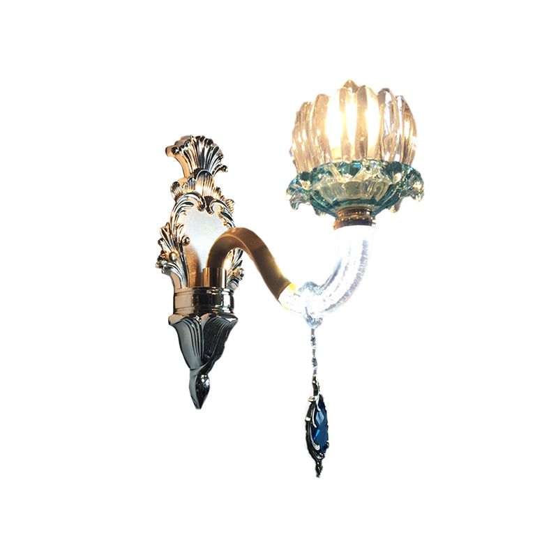 Pronuncia da parete con fiore di cristallo trasparente 1 Bulb soggiorno illuminazione da parete in oro con braccio curvo