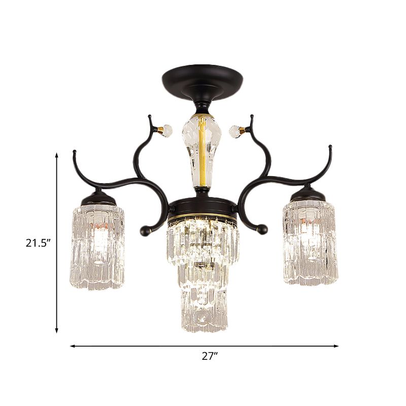 Cylindrical Bedroom Semi Flush Chandelier Contemporary Crystal 3/6 Heads Black Ceiling Mount Lamp