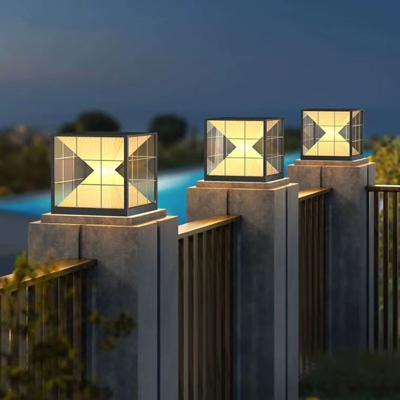 Square Shape Metal Solar Pillar Lamp Modern Style 1 Light Outdoor Lights in Black