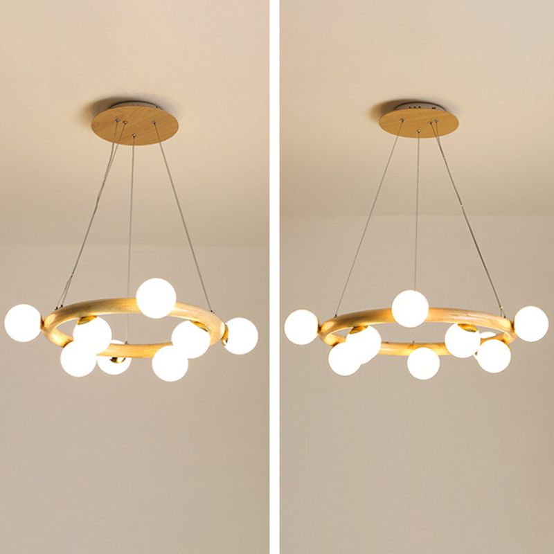Modern Minimalist Round Chandelier Light Fixture Natural Wood Living Room Ceiling Chandelier