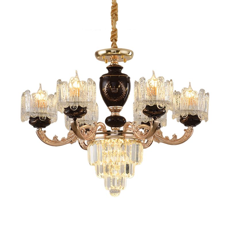 Black and Gold Drum Suspension Lighting Traditional Crystal 6 Heads Dinning Room Chandelier
