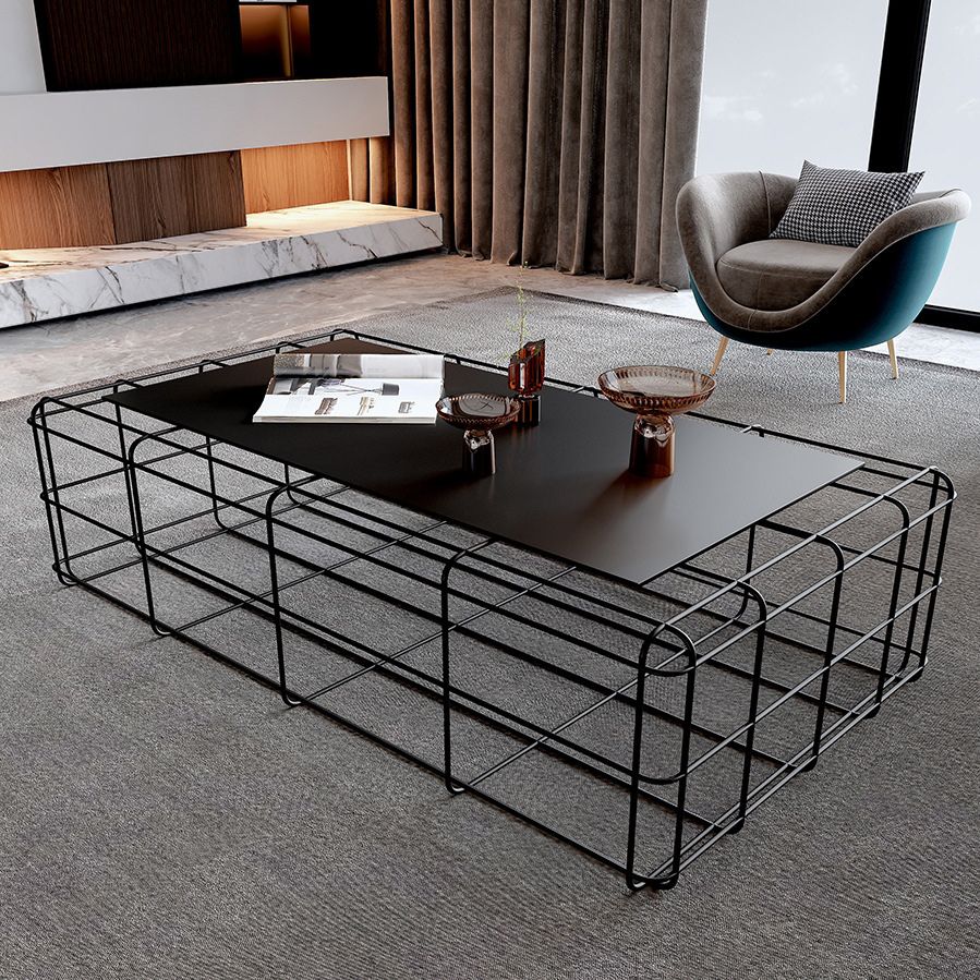 Mid-Century Modern Frame Coffee Table with Iron Top in Black