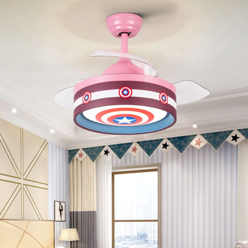 Pink/Blue Round 3 Blades Semi Flush Light Kids LED Metallic Hanging Ceiling Fan Lamp with Hero Shield Pattern, 36" Wide