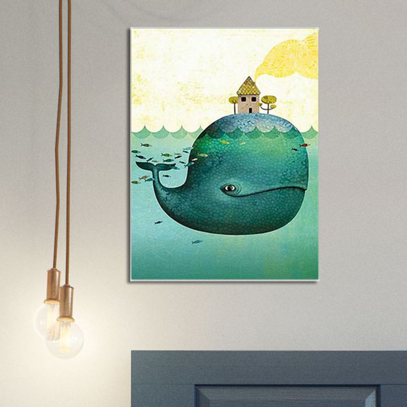 Pastel Color Kids Wall Art Sea Fish with Shelter Top Painting Canvas for Stairway