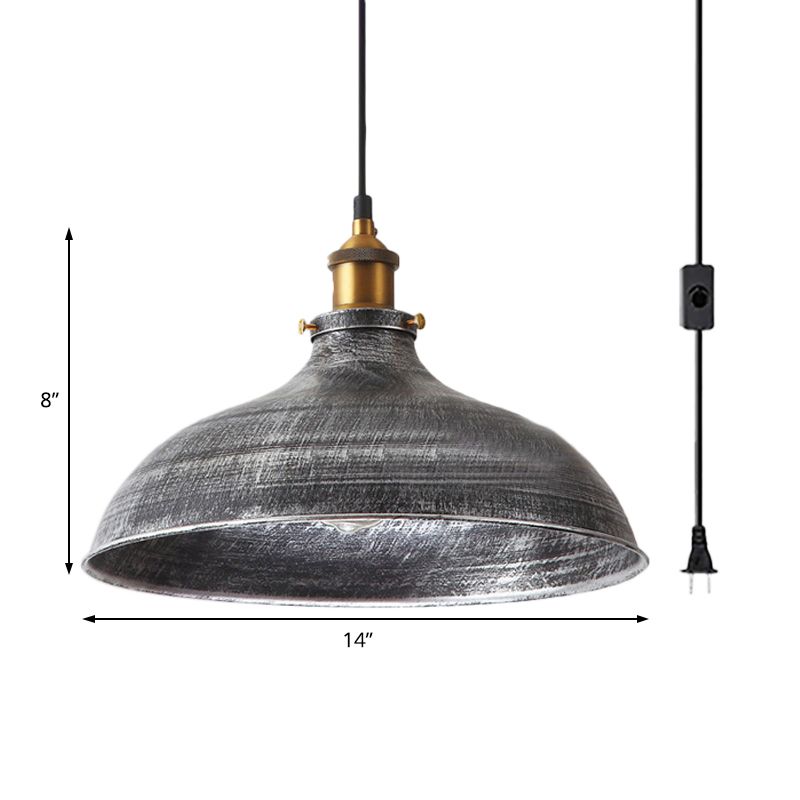 Silver Gray 1 Bulb Pendant Lamp Antique Style Metal Bowl Shade Hanging Light with Plug-In Cord