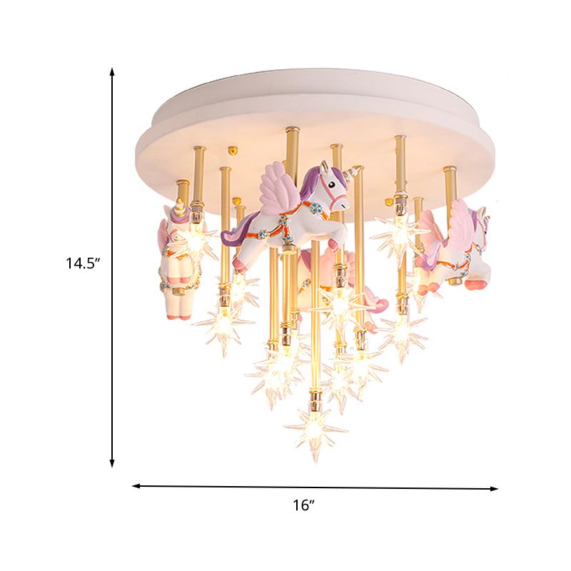 Resin Horse/Bird/Crane Ceiling Light Fixture Kids 13/16 Lights Blue/Pink Flush Mount Lighting with Clear Glass Shade