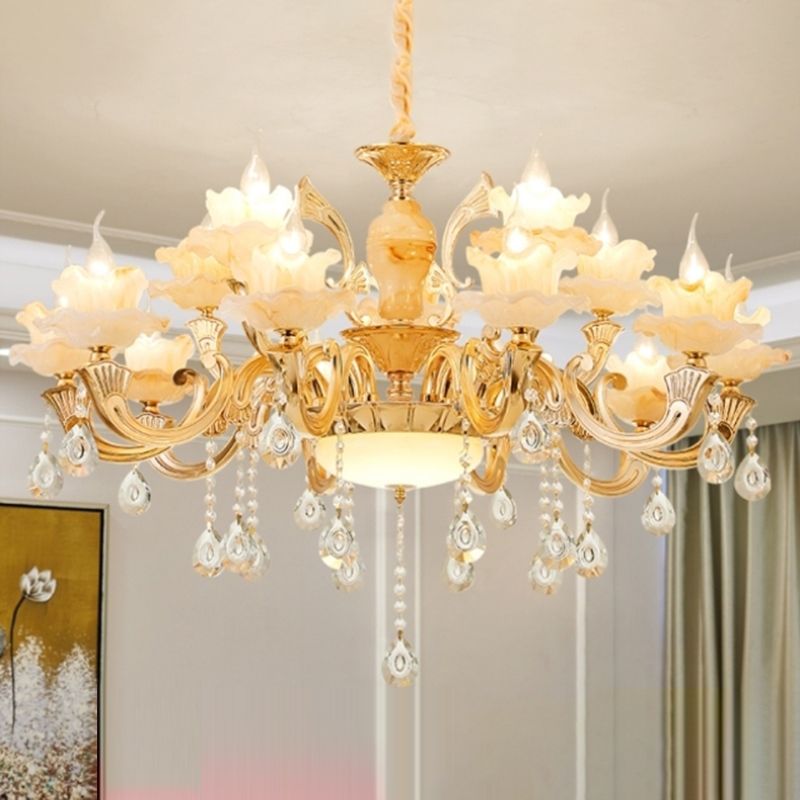 Gouden bloemenschaduw kroonluchter licht retro glas woonkamer hanglamp lamp met hangende kristal