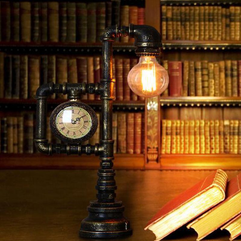 Pipa idraulico retrò luce notturna 1 illuminazione da tavolo da ferro con orologio in bronzo per camera da letto