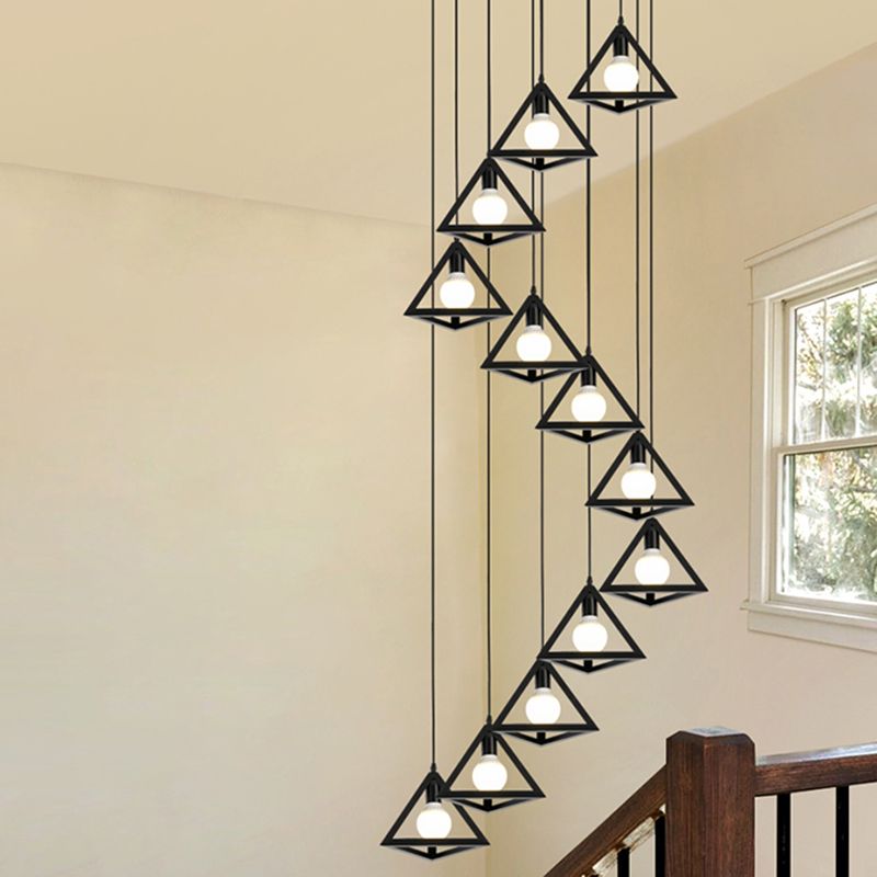 Geometric Cage Staircase Multi Ceiling Lighting Metallic Suspension Light Fixture