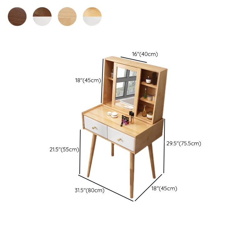 2-Drawers Mirror Vanity Table Scandinavian Wood Dressing Table