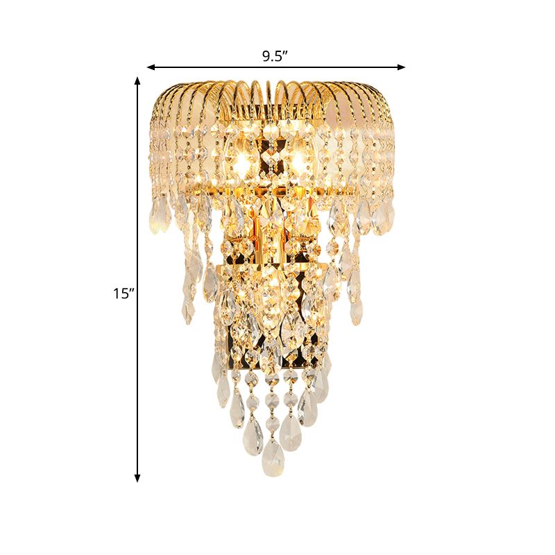 Cascading Crystal Strand Wall Lamp Traditional 3 Lights Living Room Sconce Light in Gold