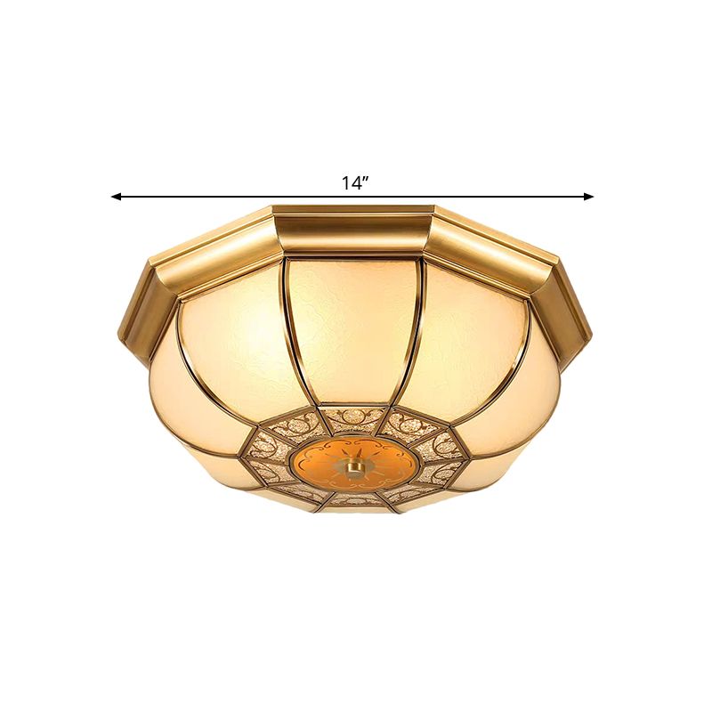 3 Bulbs Flush Mounted Fixture Countryside Patterned Bowl Frosted Glass Ceiling Lighting in Brass
