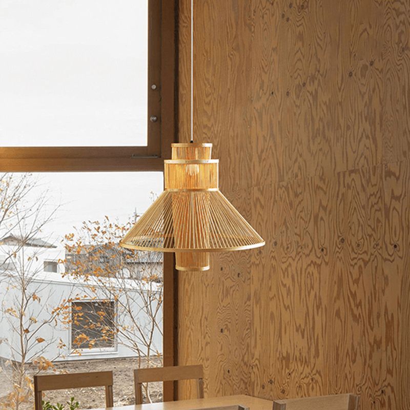 1 Kopf Wohnzimmer Anhänger Leicht Asien Beige Deckenhängung Lampe mit verjüngten Bambusschatten