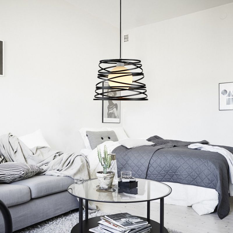 White Glass Domed Suspension Light Loft Style Single Living Room Drop Pendant with Wire Guard in Black