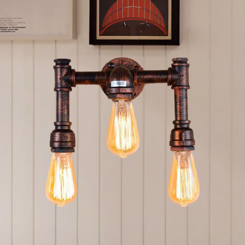 Copper 3 Heads Sconce Light Fixture Vintage Iron Exposed Bulb Wall Mounted Lamp for Bar