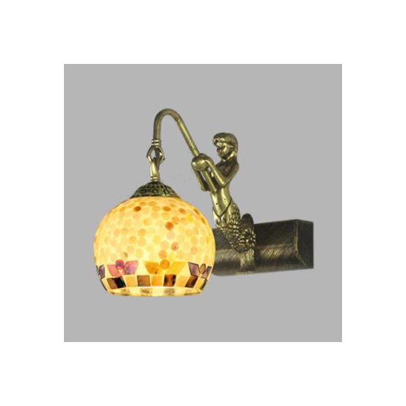 Globe Wall Mount Light Tiffany Beige/Beige-Red Shell 1 Head Bathroom Sconce Light Fixture with Mermaid Decoration