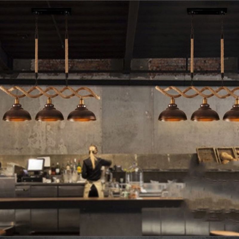 3-Light Hemp Rope Island Pendant Countryside Beige Shaded Restaurant Suspension Light