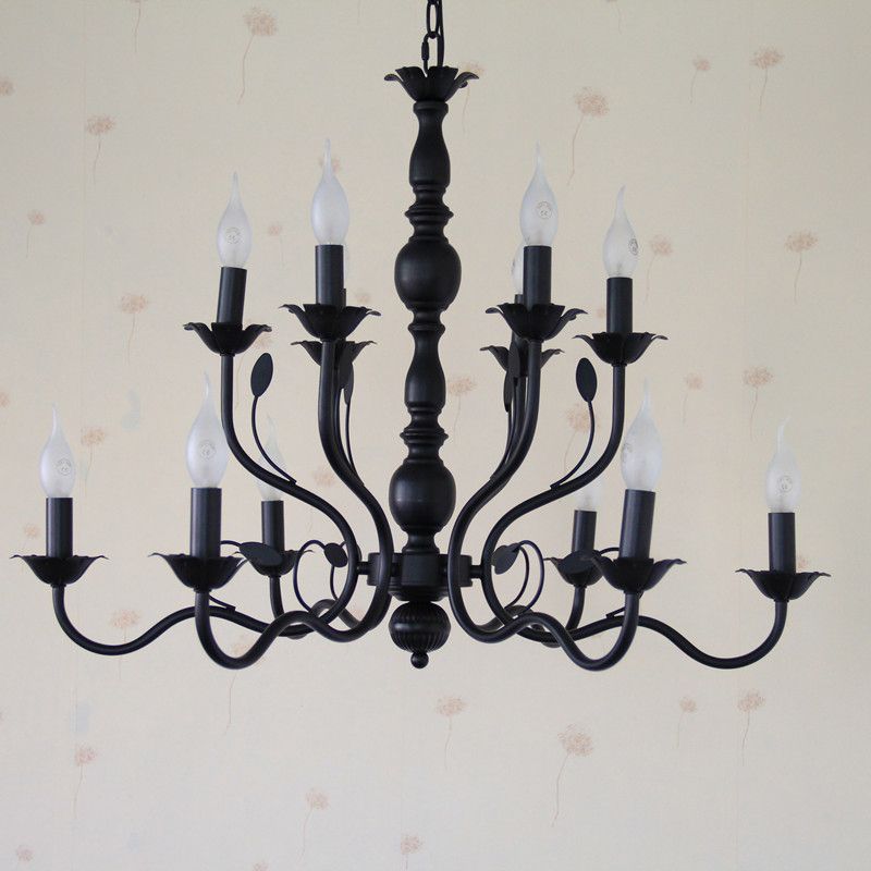 2-Layers Traditional Style Candlestick Styling Chandelier Black Wrought Iron Vintage Lighting Fixture for Living Room