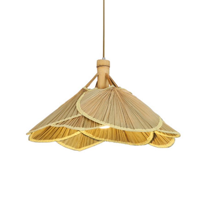 Cattail Fan Bamboo Pendant Light Chinese Style 1-Light Wood Suspension Lighting for Foyer