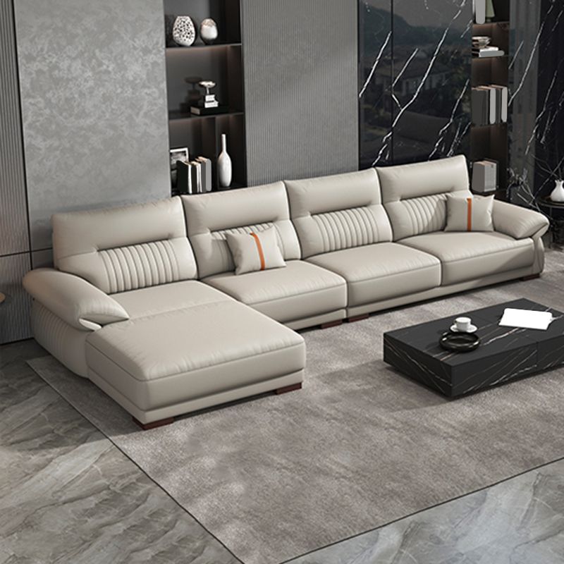 Contemporary Cream Stationary Grain Leather Square Arm Sofa & Chaise