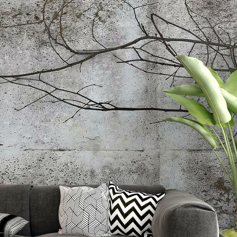 Illustration Dry Twig Wall Mural Wallpaper for Living Room, Grey, Personalised Size