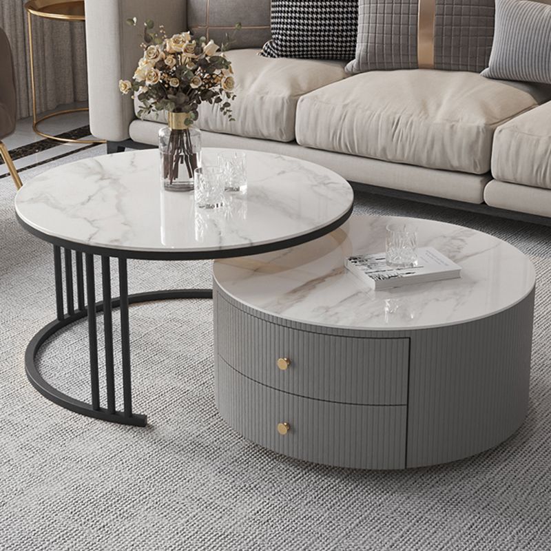Contemporary Cocktail Table Round Glass / Slate Coffee Table with Drawers