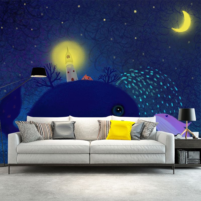 Illustration Childrens Art Mural Blue-Yellow Lighthouse in Whale Under Starry Sky Wall Covering, Custom Made