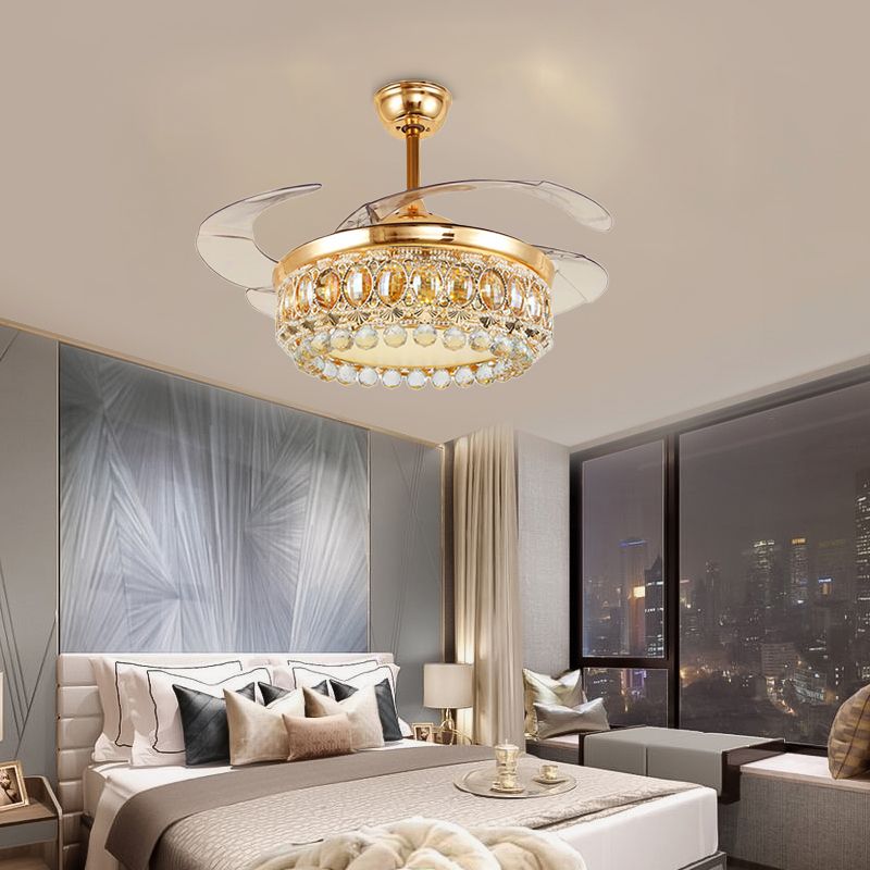 Vintage Crown LED Ceiling Fan Clear Crystal Ball LED Living Room Semi Flush Light in Gold