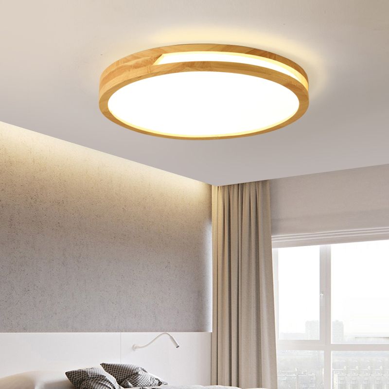 Wood Round Shape Flush Ceiling Light Modern Style 1-Light Flush Mount Lighting in Brown