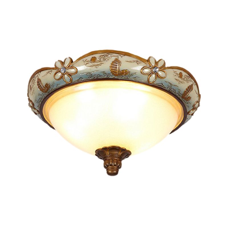 Blue-White Single Light Flush Mount Vintage Opaline Glass Dome Ceiling Lamp with Bloom Decoration