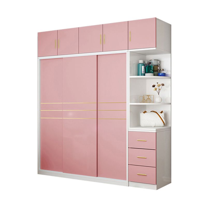 Pink Hanging Clothes Rack Wooden Wardrobe Armoire with Lower Storage Drawers