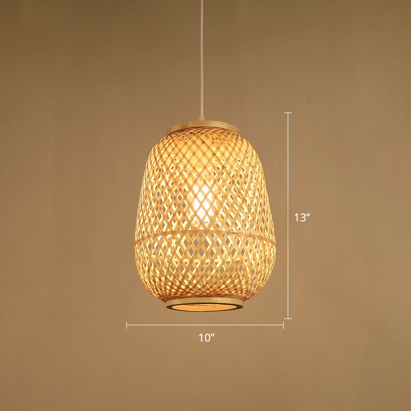 Lantern Shaded Bamboo Suspension Lighting Minimalist 1 Head Wood Pendant Ceiling Light