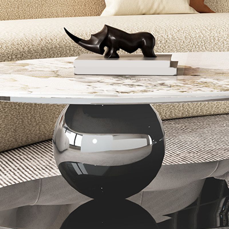 Elliptical Stone Glam Abstract Coffee Cocktail Table with Floor Shelf