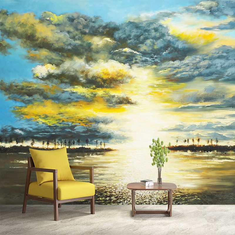 Sunrise Lake Scenic Wall Murals Classical Smooth Wall Covering in Yellow-Blue, Stain Proof