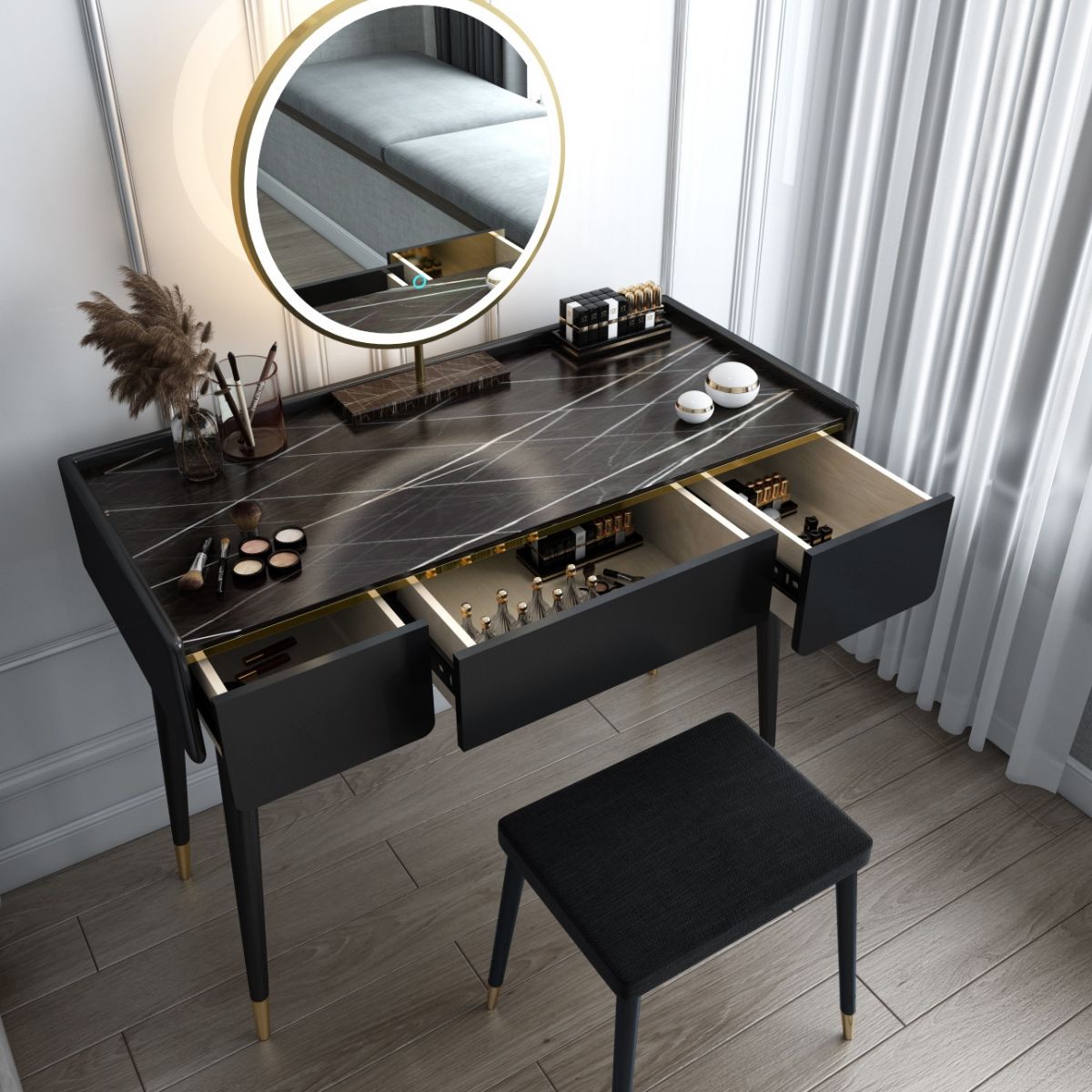 Glam Wooden Frame Dressing Table Slate Top Vanity with Drawers