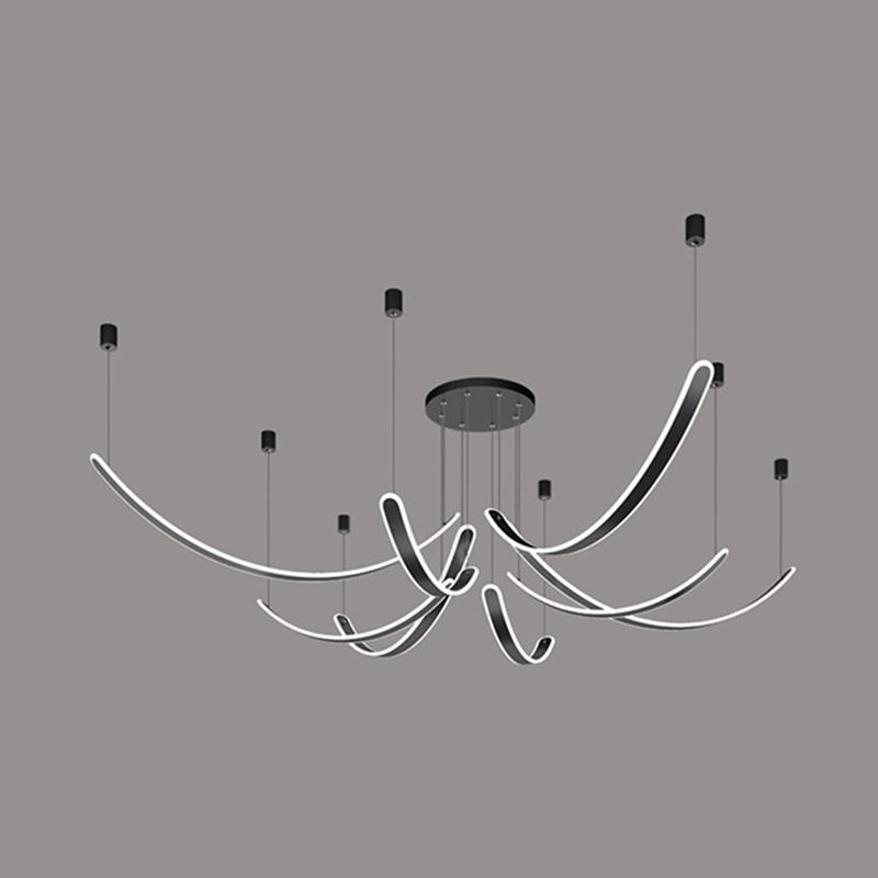 Curved LED Chandelier Minimalist Metal Living Room Villa Hanging Light in Black
