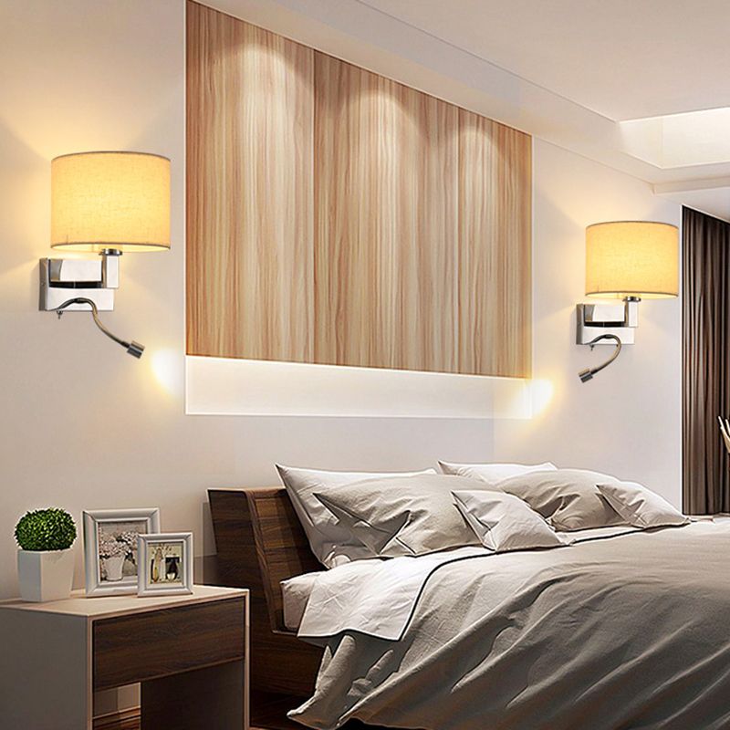 Metal Modern Wall Sconce Cylinder Shape Wall Light with Fabric Shade for Bedroom