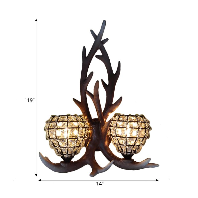 Resin Antler Wall Lighting Country 2-Light Bedroom Sconce Light Fixture in Brown/Gold with Globe Crystal Shade