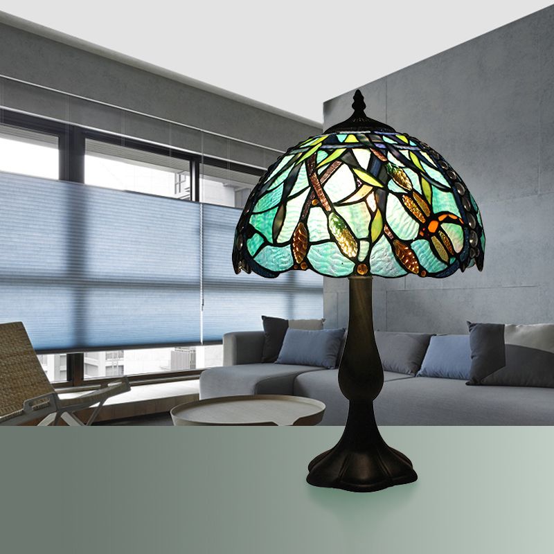 Restaurant Plug In Desk Light Stained Glass 1 Head Tiffany Rustic Reading Light with Peacock Tail/Dragonfly Design in Green