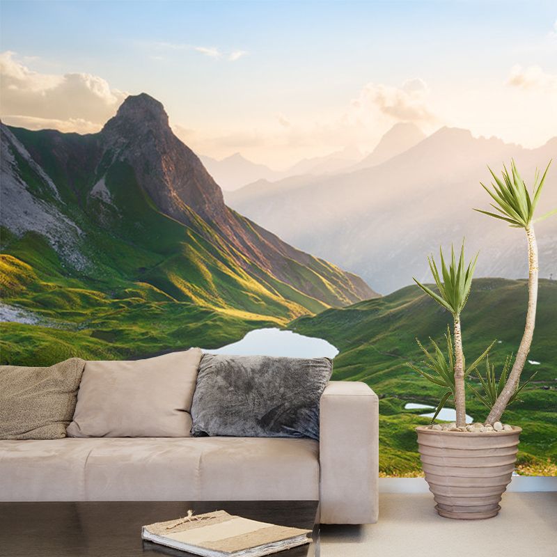 Mountain Puddle Scenery Wall Mural Modern Smooth Wall Covering in Green for Living Room