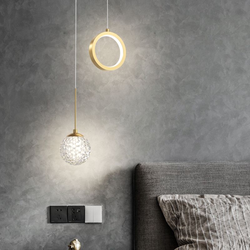 Glass Ball and Ring LED Pendant Minimalist 2-Light Gold Starry Suspension Light for Bedroom