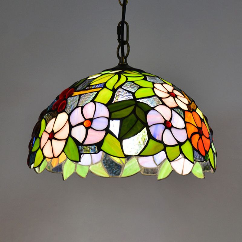 Bowl Pendant Light Tiffany-Style 1 Light Stained Glass Hanging Lamp in Green