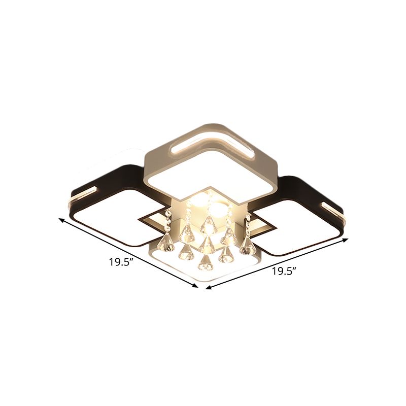 Square Flushmount Lighting Simple Metal Black and White LED Ceiling Fixture with Crystal Drop, Warm/White Light