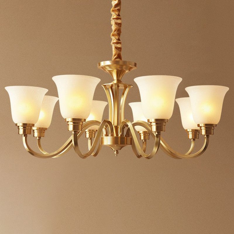 Traditional Flared Up Chandelier Semi-Opaque Glass Pendant Light Fixture in Brass