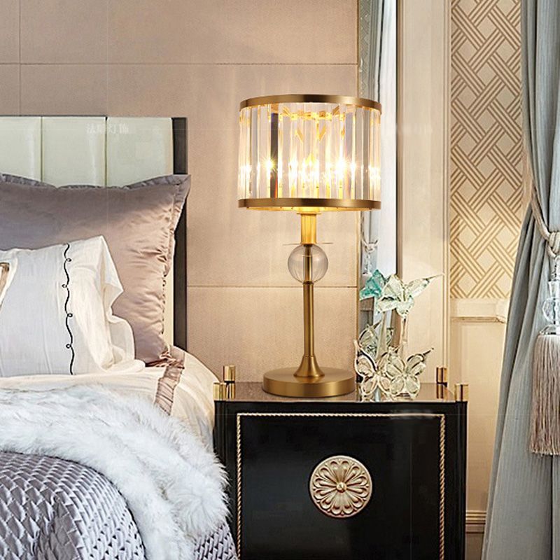 Brass 1 Head Night Table Light Post-Modern Prismatic Crystal Drum Shade Nightstand Lamp