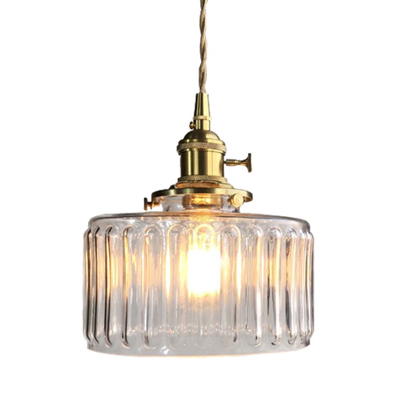 Drum Shape Pendant Light 1 Head Modern Stylish Fluted Glass Hanging Lamp for Gallery