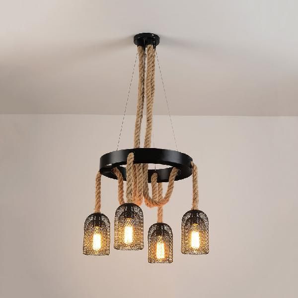 4 luces Luz colgante con tono de malla y lámpara de lámpara metálica negra industrial de cuerda para Foyer