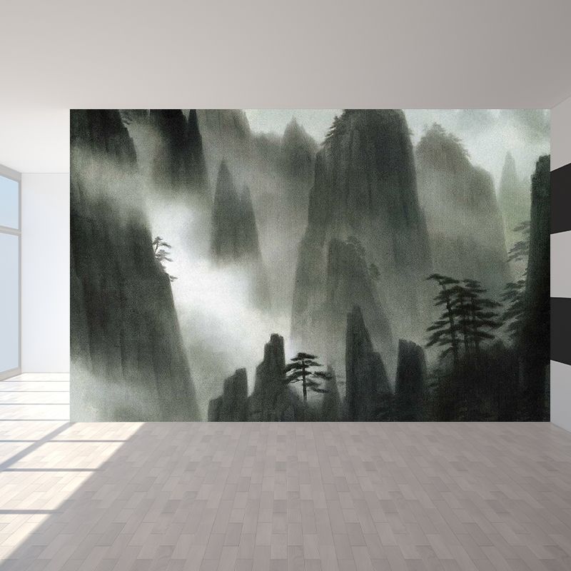 Great Contemporary Mural Wallpaper in Black Foggy Mountain Wall Decor, Custom Printed