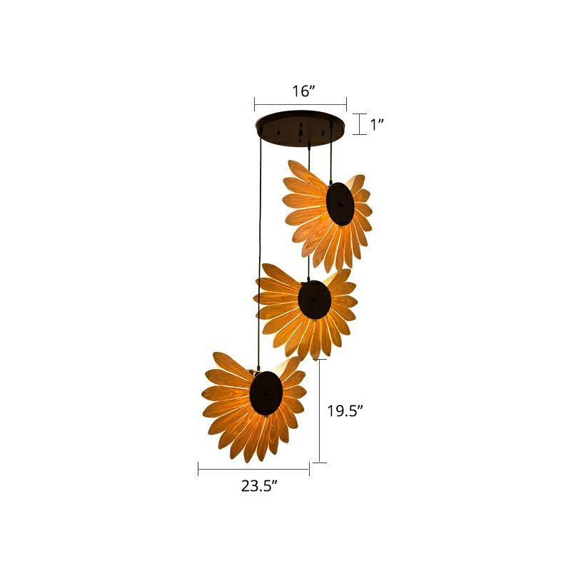 Botanic Wood Veneer Pendant Lamp South-East Asia 3-Light Beige Multi Ceiling Light